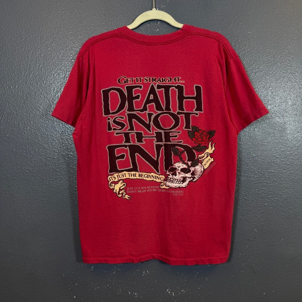 Belton L men DISTRESSED red vintage 90’s t-shirt Dead Is Not The End religion
